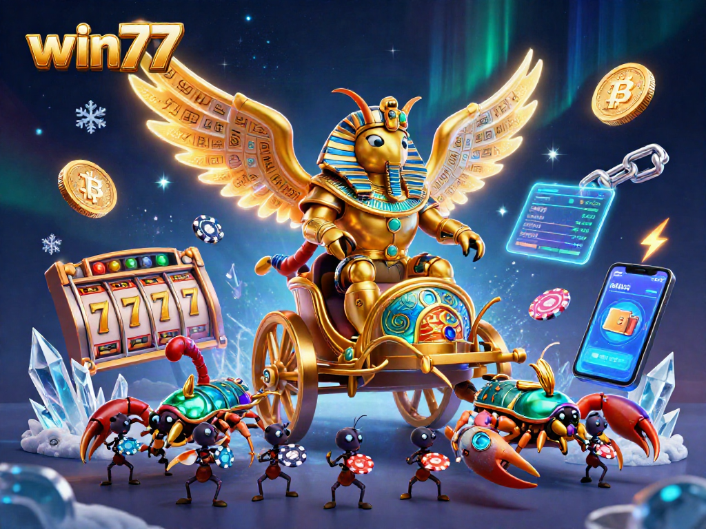 Memenangkan permainan di win77 dengan simbol slot dan koin crypto 3D yang berkilauan.