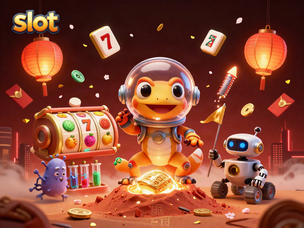 Menggulung slot dengan ilustrasi 3D gecko Mars menemukan kasino emas, dinamis dan penuh warna.