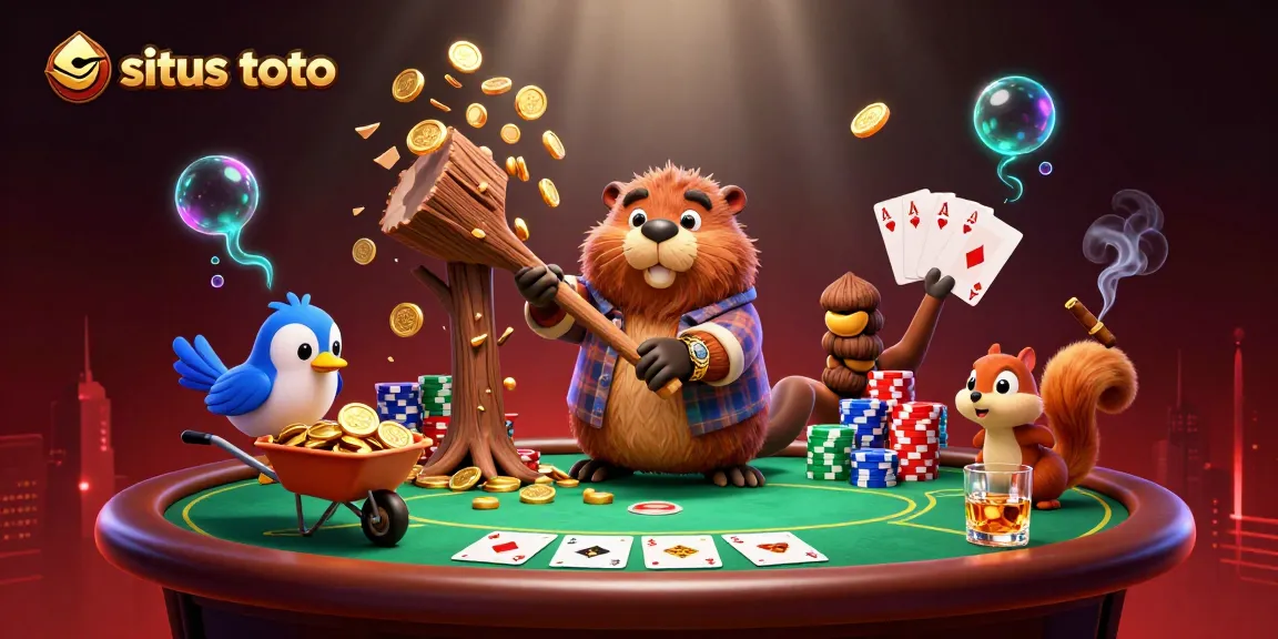 Gambaran 3D situs toto dengan karakter ikonik mengumpulkan koin emas sambil bermain poker yang seru.