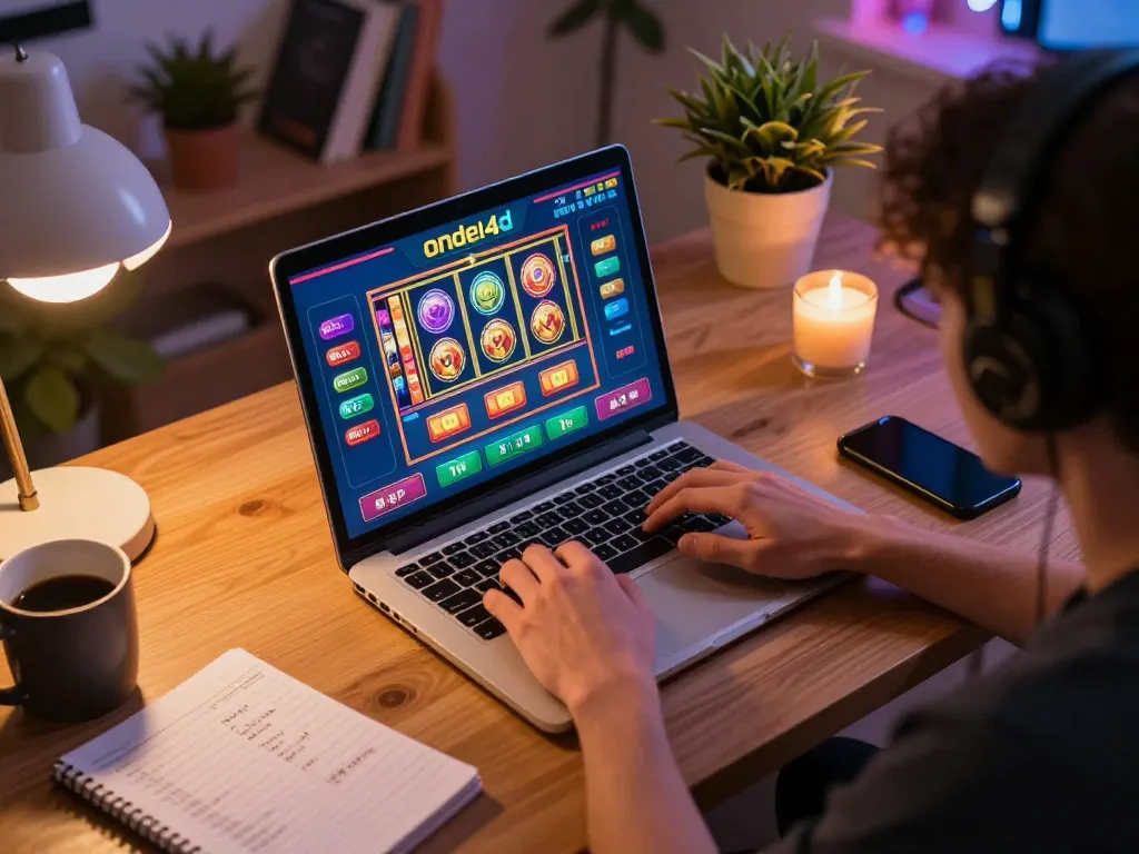 Pemain menikmati slot online ondel4d dari rumah, tablet menampilkan grafik, suasana hangat