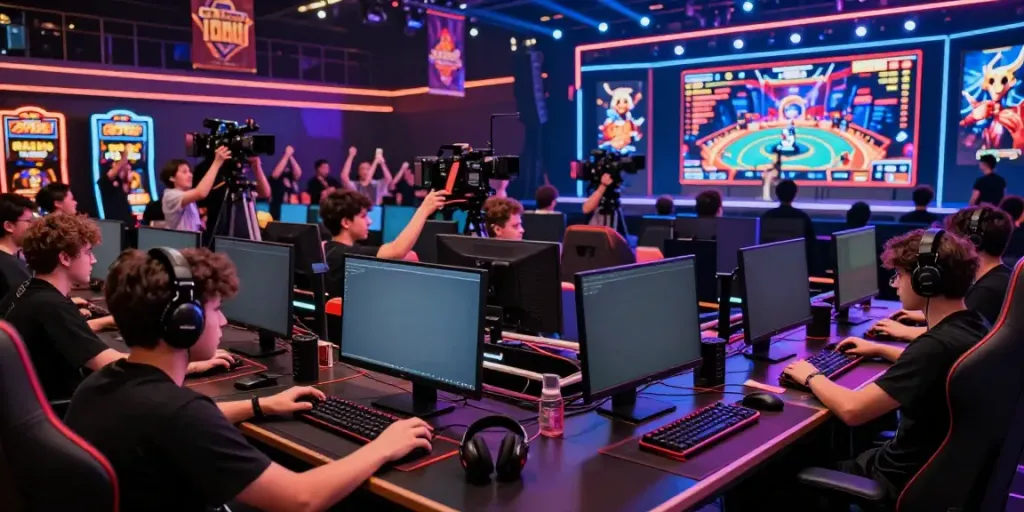 Kingliga menghadirkan suasana arena esports yang energik dengan penonton bersemangat.