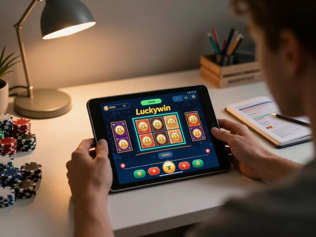 Engaging in online gambling with Đăng nhập Luckywin on a tablet in a cozy workspace.