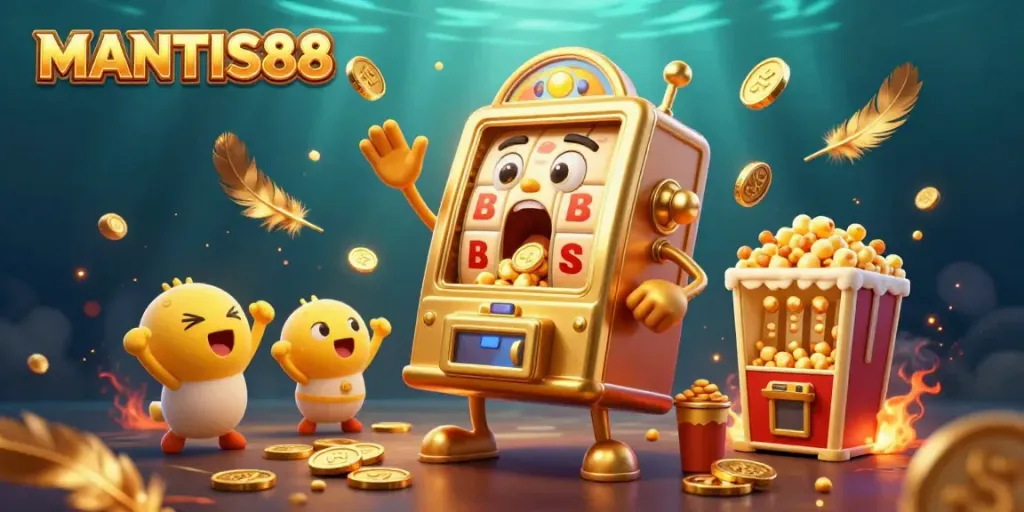 Experience the thrill with MANTIS88's jackpot scene showcasing winning slot machines and celebrating characters.