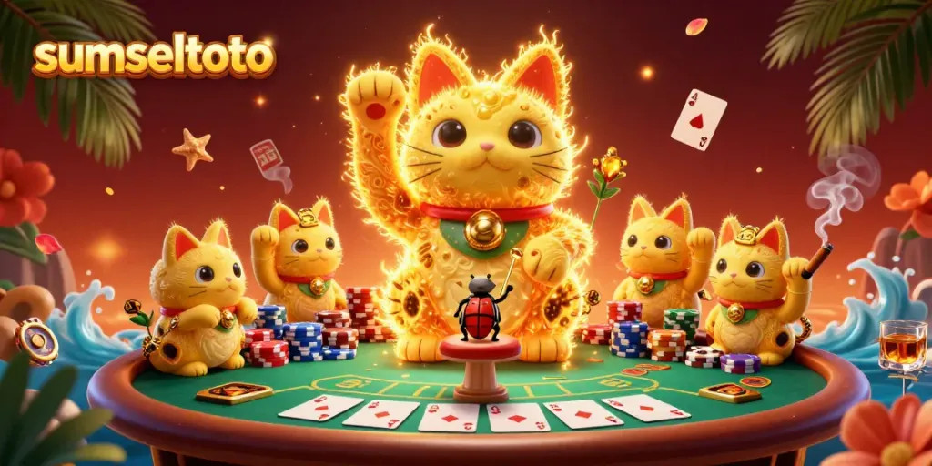 Sumseltoto showcases a giant lucky cat formed by golden fireflies at a vibrant casino scene.