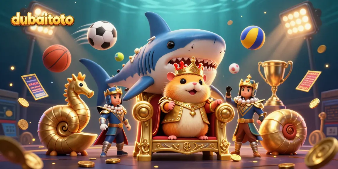 Experience exciting sports betting at dubaitoto with a vibrant underwater scene featuring a fierce hamster king and dynamic sports elements.