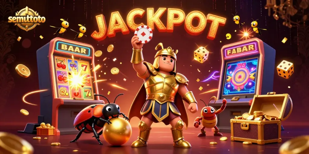 Memenangkan jackpot bersama semuttoto dengan karakter unik dalam ilustrasi tiga dimensi berwarna-warni.