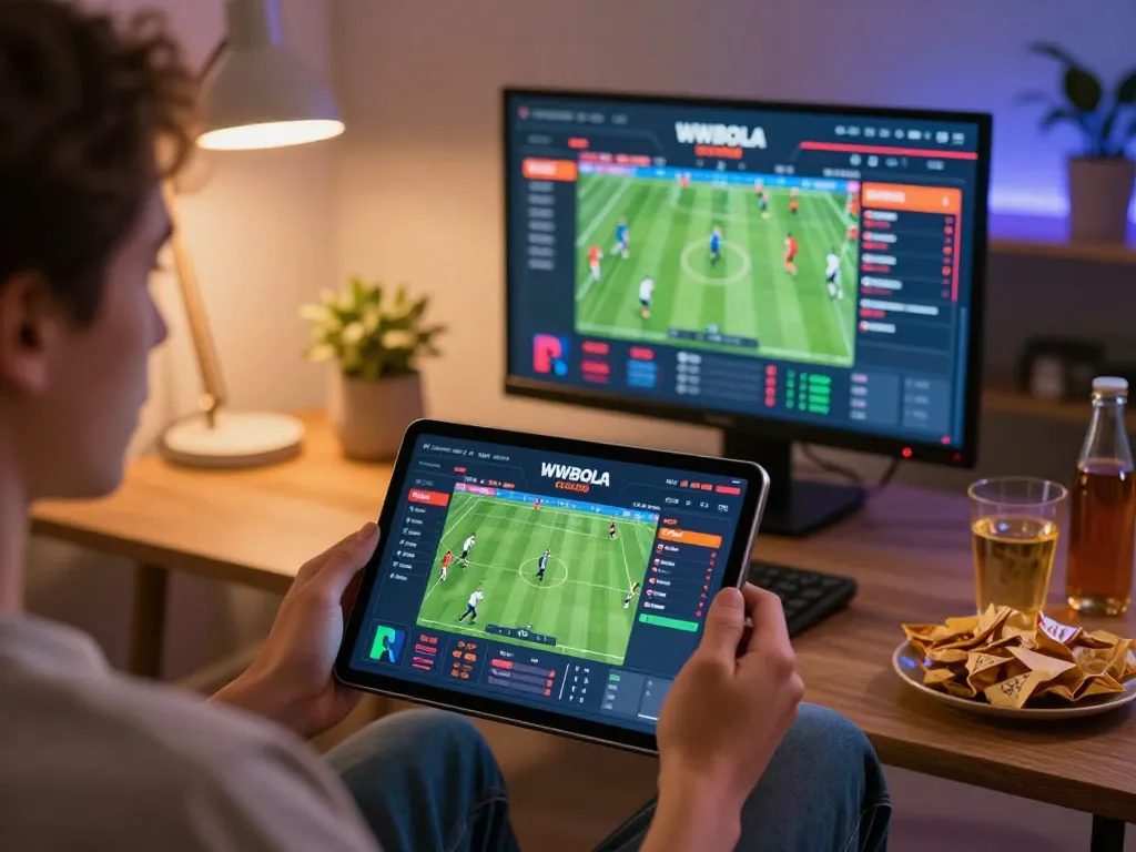 WWBOLA online gaming scene with a user engaged in soccer betting on a tablet.