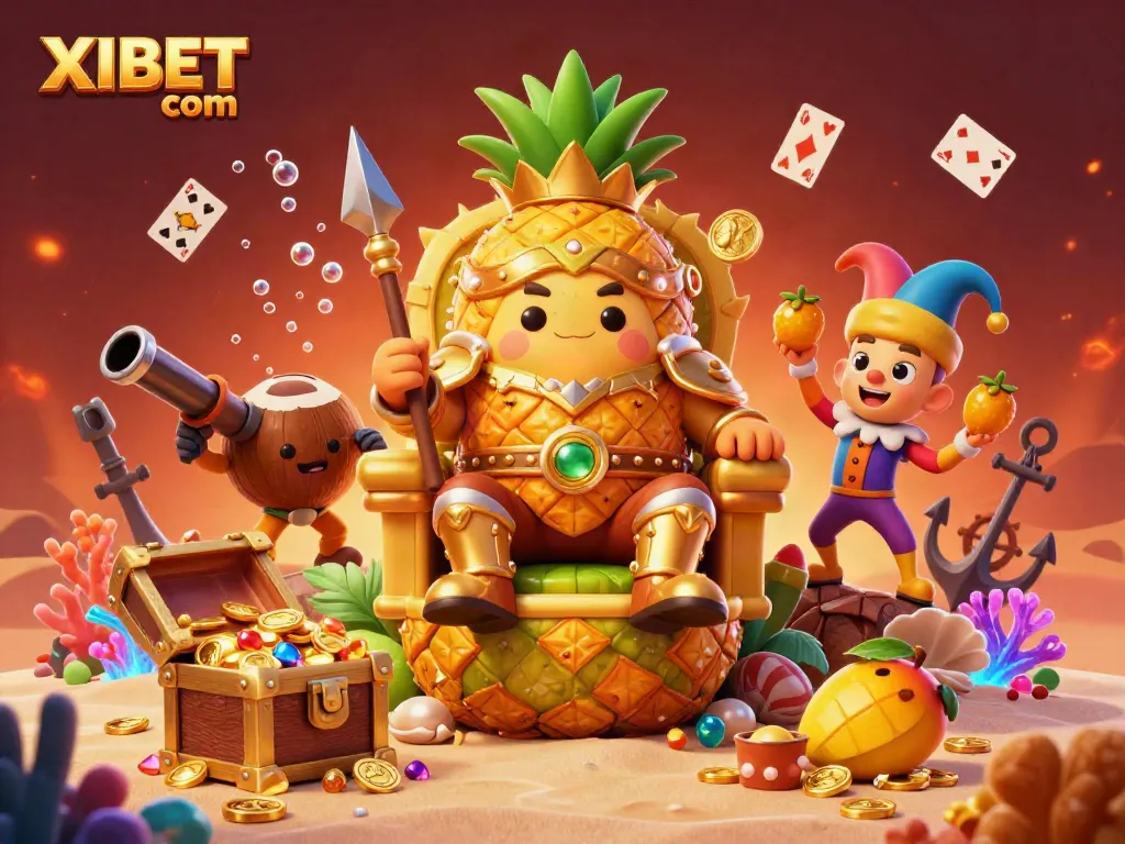 XIBET com showcasing vibrant beach casino scene with a golden pineapple king and tropical bodyguards.
