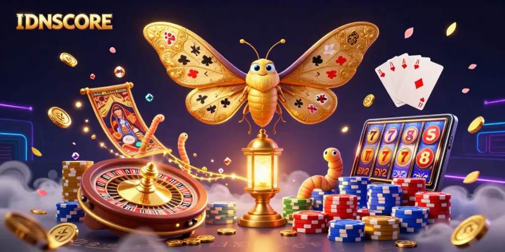 Engage in thrilling casino action with IDNSCORE, featuring a dynamic scene of golden coins and casino elements.