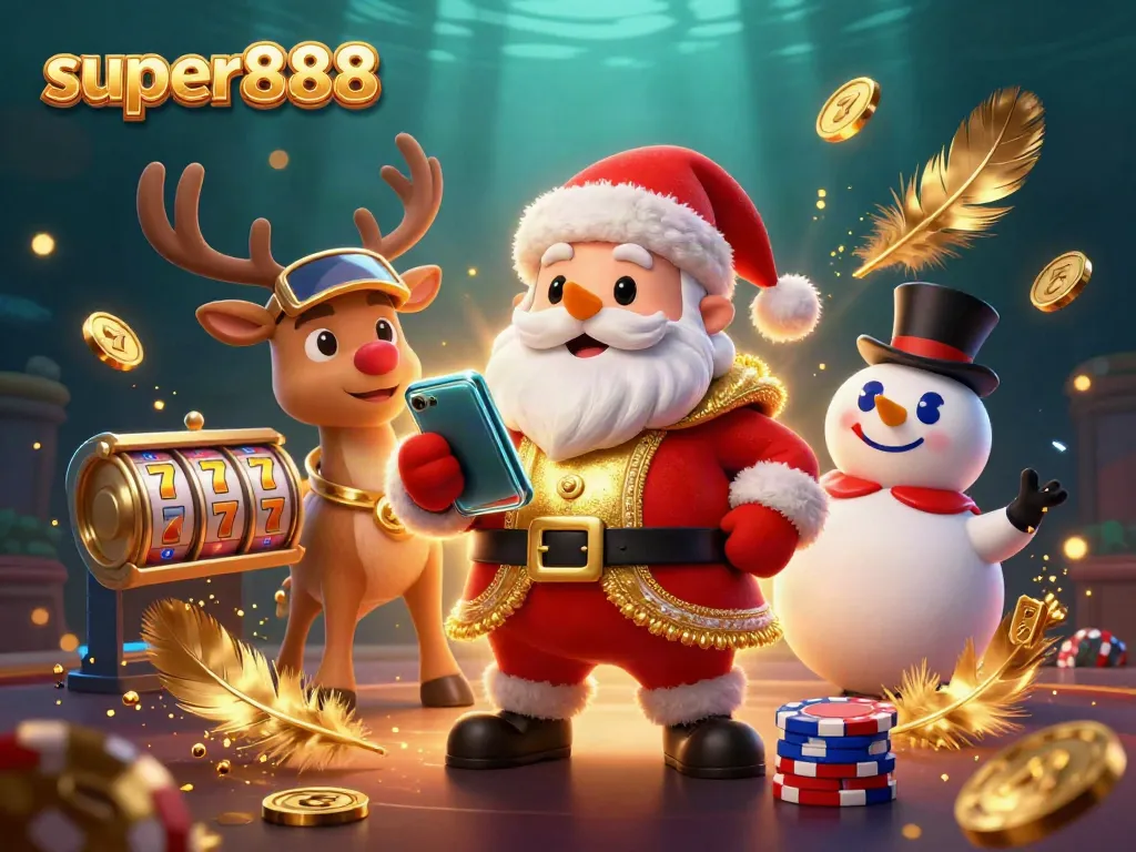Permainan slot super888 yang menyenangkan dengan karakter Natal dan elemen kasino menarik.
