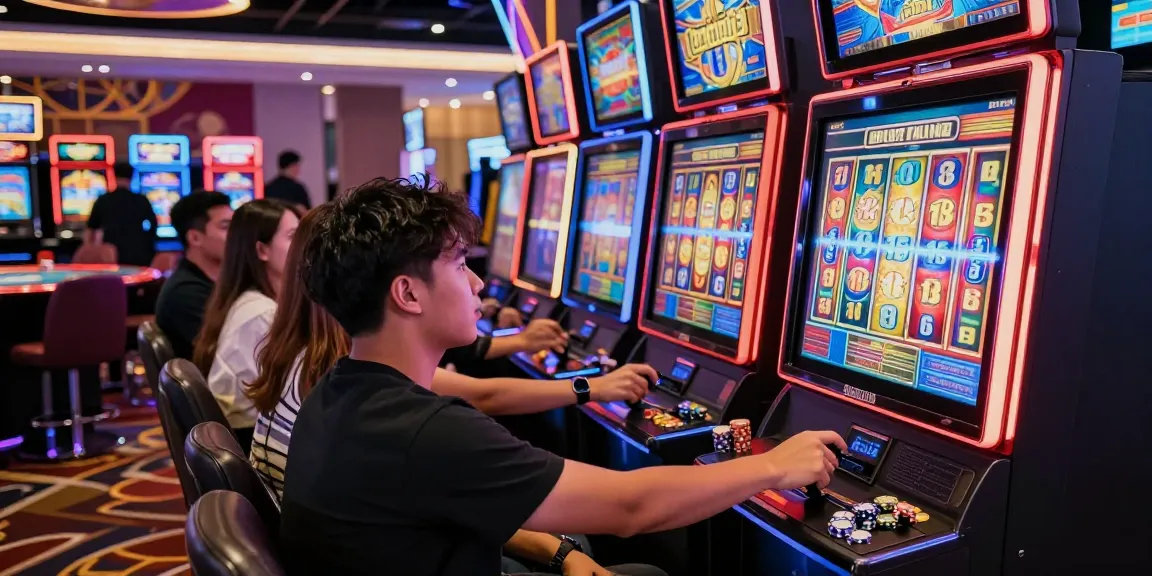 Exciting moment at a casino with friends at a slot gacor machine, vibrant atmosphere and dynamic energy.