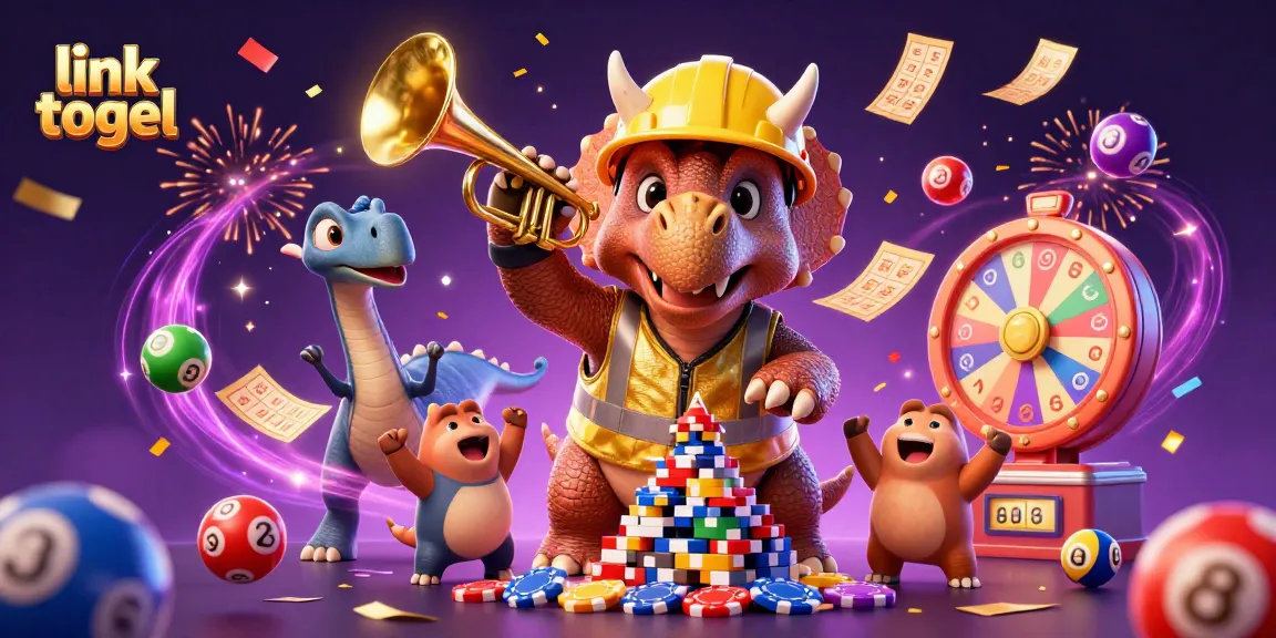 Win big with link togel as a triceratops builds poker chips and lottery balls bounce around.