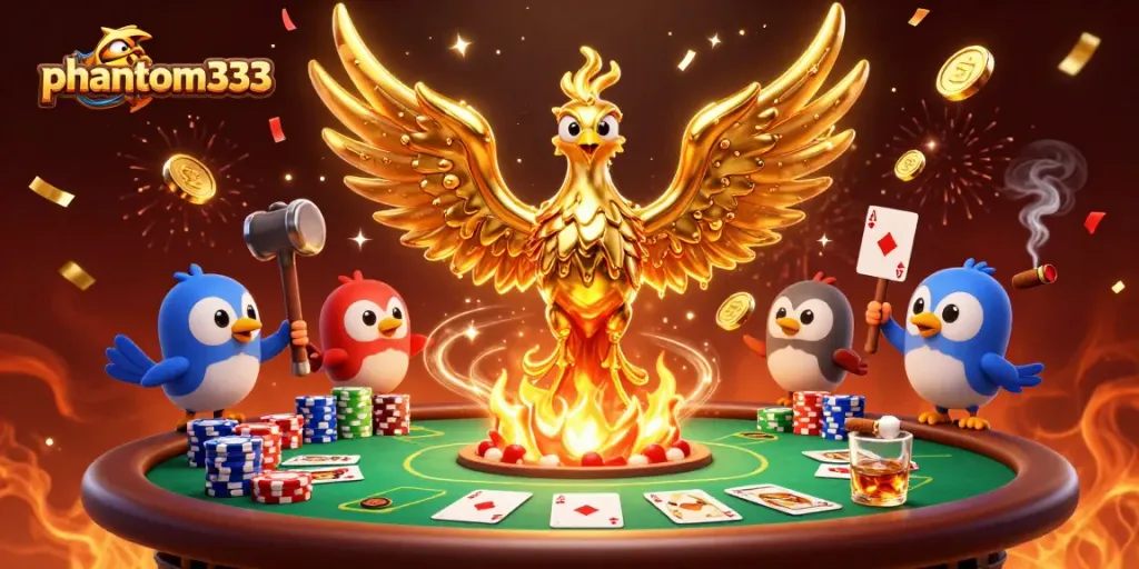Engage with phantom333 as golden phoenixes soar amidst poker chips and cards in a casino celebration.