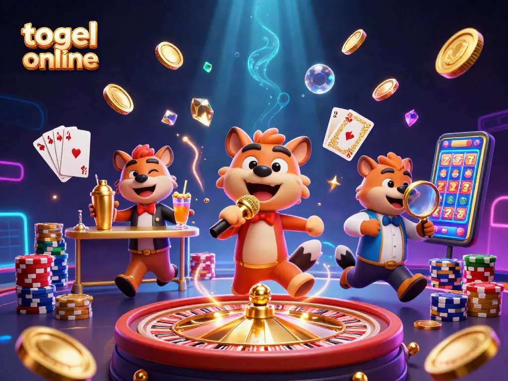 Gali lebih dalam togel online dengan ilustrasi kasino luar biasa dan hewan lucu menari.
