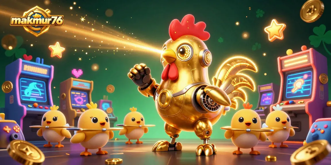 Experience makmur76 with dynamic golden rooster robots and arcade games illuminating your casino adventure.