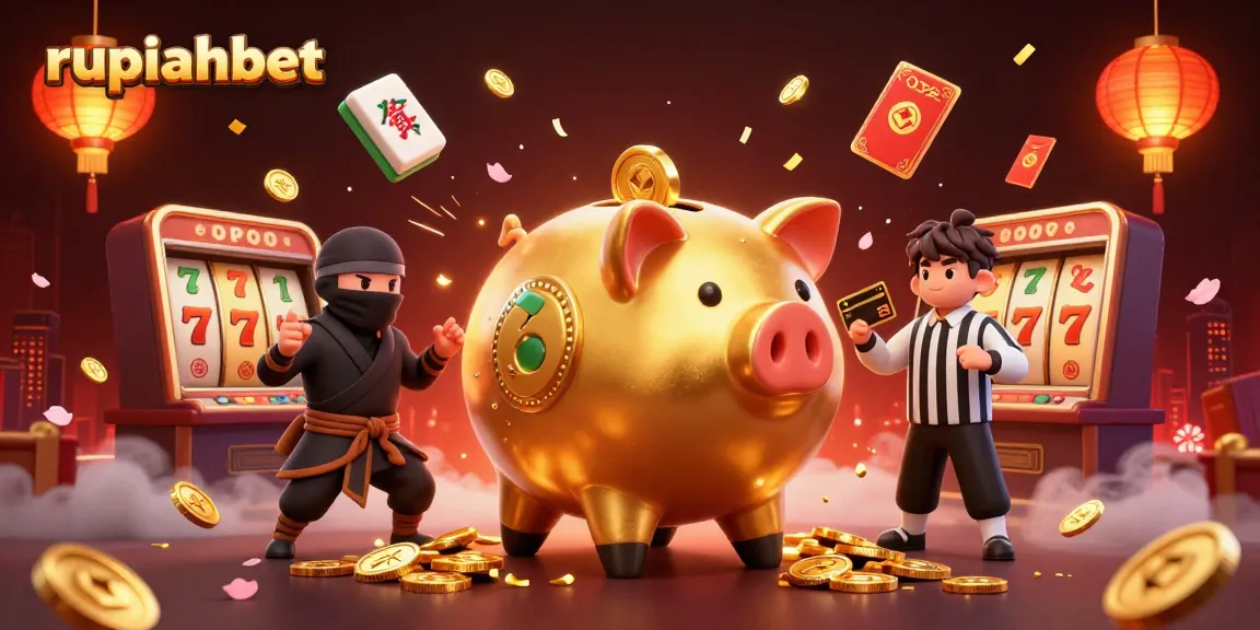 Experience the excitement of rupiahbet with a cartoon golden piggy bank sumo wrestler surrounded by festive casino elements.