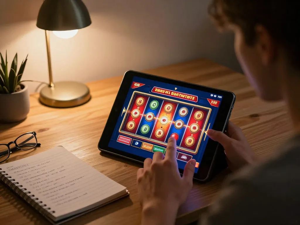 Engaging in a Slot Demo while strategizing at home, showcasing tablet gameplay.