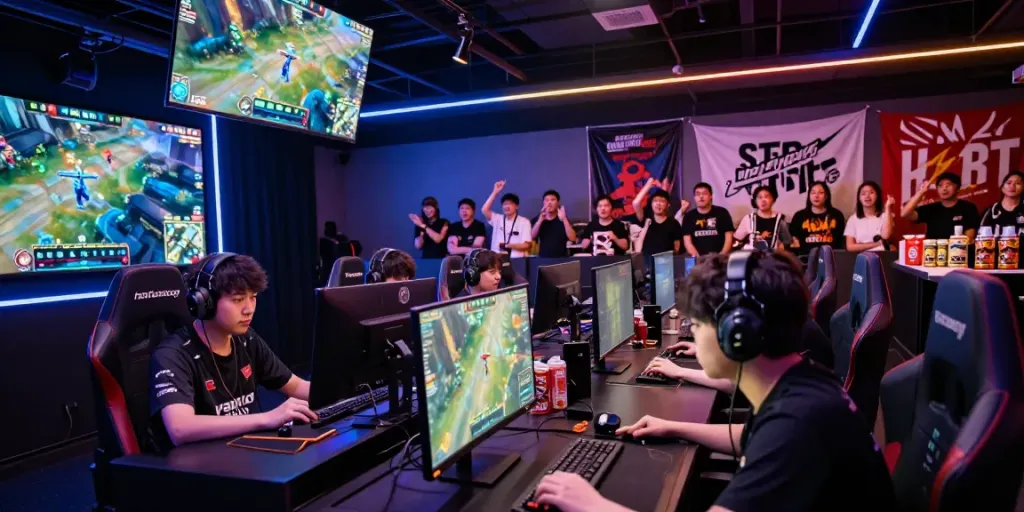 Pemain kompetitif natunatoto di arena esports, fokus pada layar dalam suasana penuh energi.