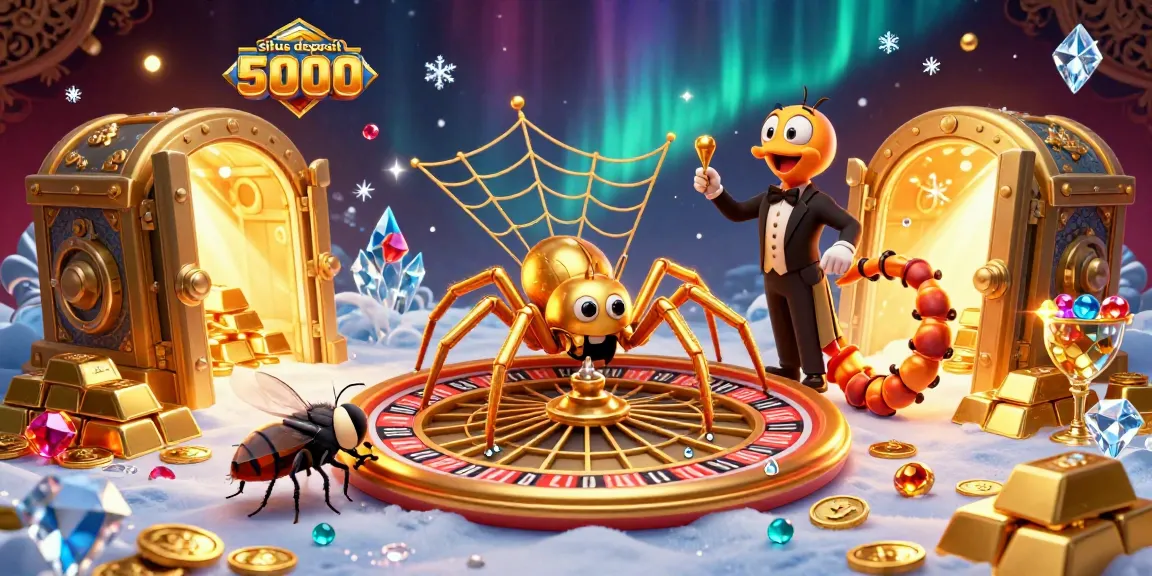 Experience the thrill of situs deposit 5000 with a 3D casino scene featuring a spider spinning a roulette web.