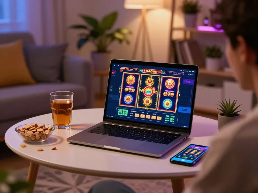 Player enjoying a slot gacor session on a laptop, showcasing an engaging online gambling experience