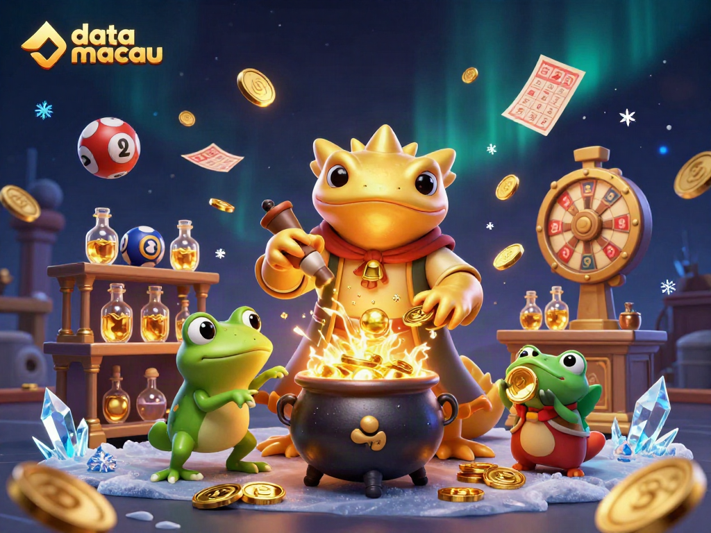Mengamati data macau dengan ilustrasi 3D alkimia, bola lotere, dan cauldron emas.