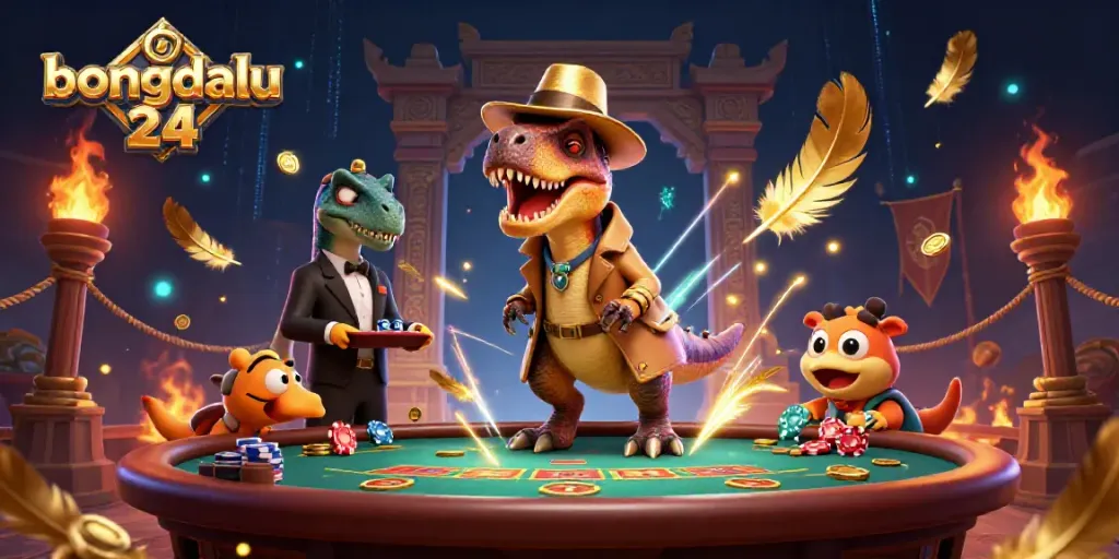 Place bets at bongdalu 24 with a cartoon dinosaur card counter and eye-catching casino elements.