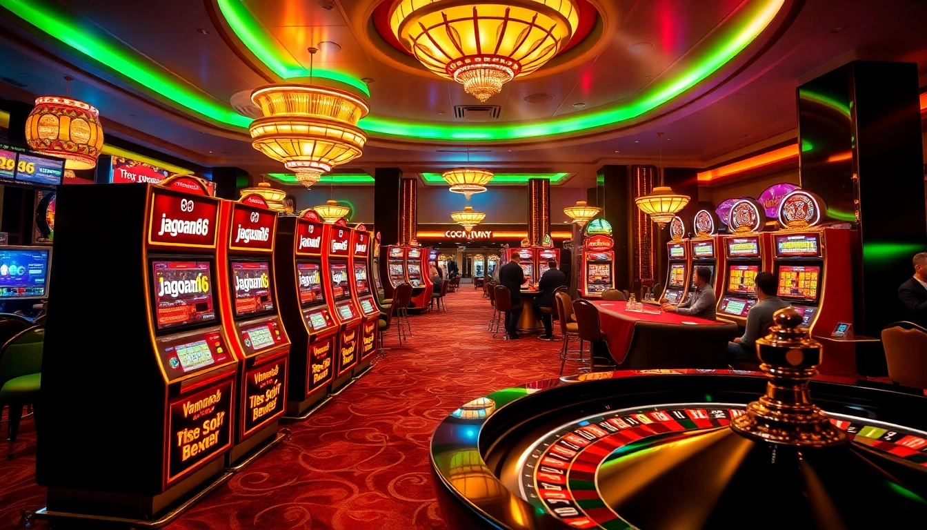 Players enjoying poker and slot machines in a vibrant casino scene with jagoan86 branding.