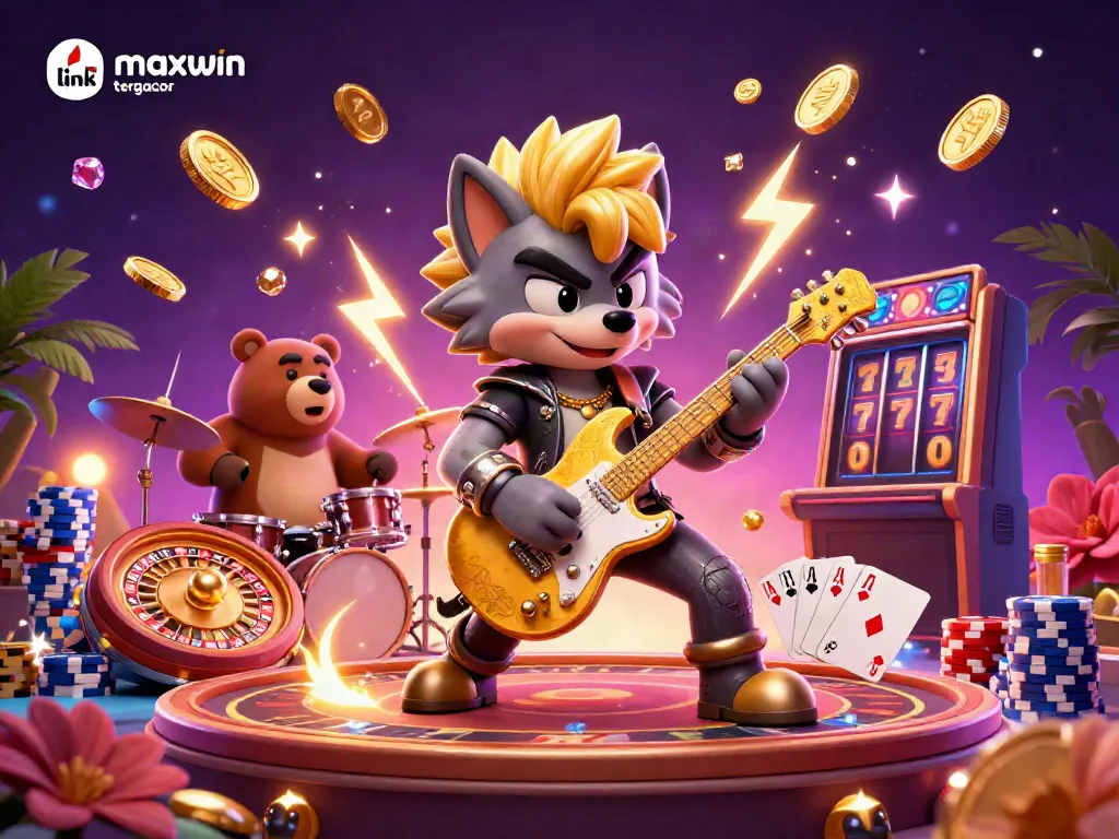 Engage with the thrilling action of link maxwin tergacor featuring a rock star wolf, vibrant casino lights, and golden coins.