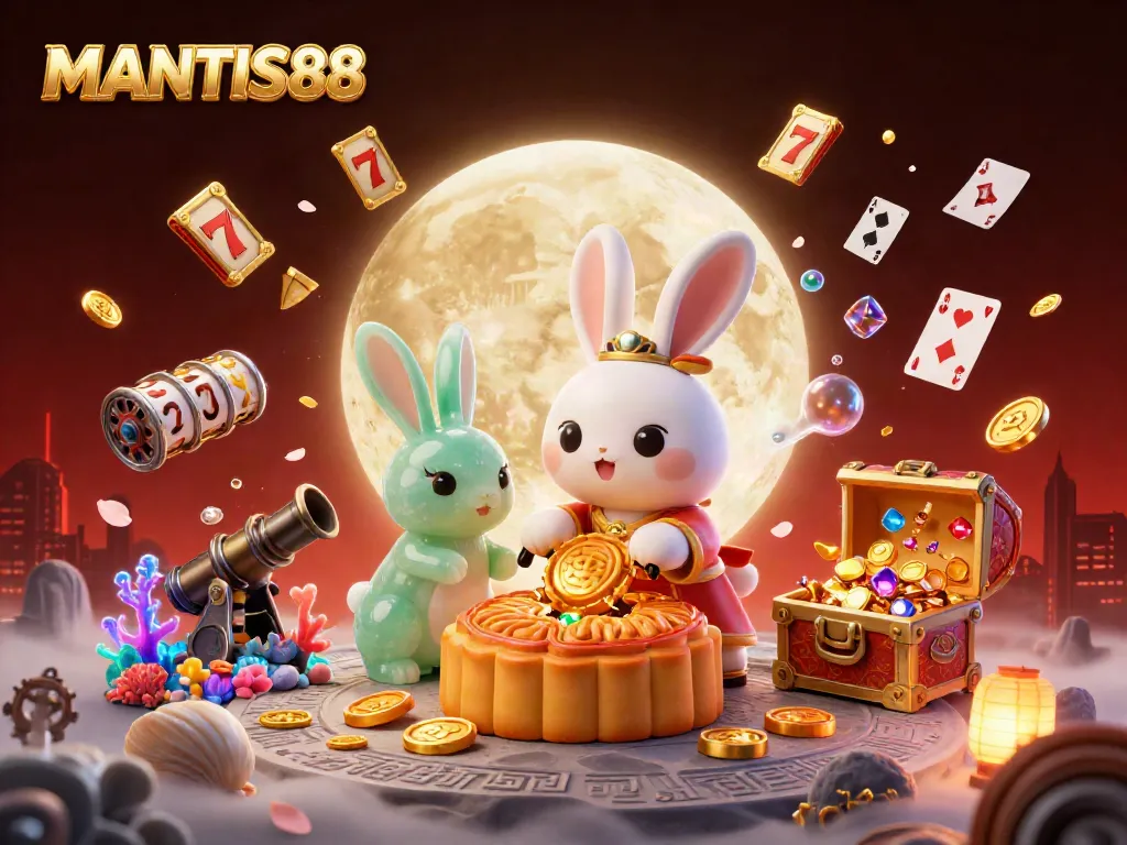 MANTIS88 features a vibrant scene with a moon rabbit and jade companion amid floating slot elements.