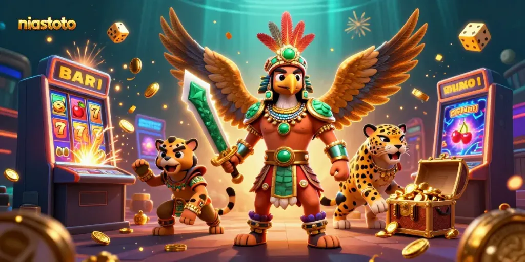 Win big with niastoto at the casino featuring an explosion of jackpot symbols and dynamic gaming elements.