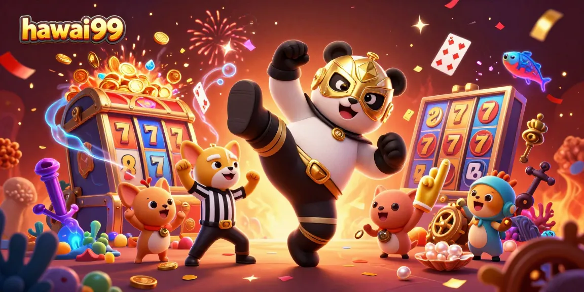 Experience the exciting world of hawaii99 gaming with a vibrant scene featuring a wrestler panda and festive elements.