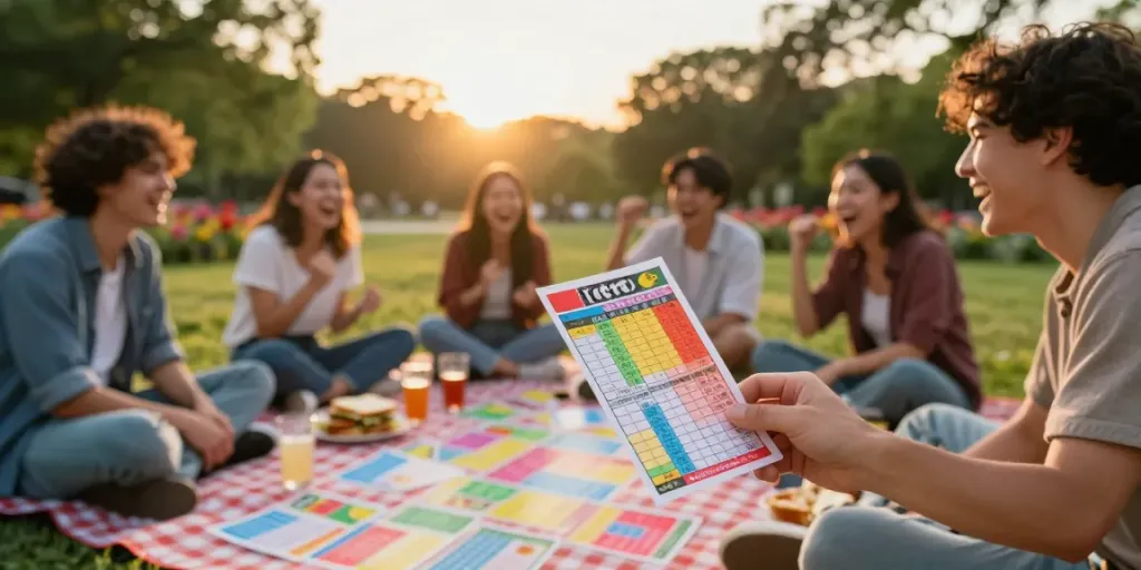 Friends enjoying an outdoor game of unsurtoto in a park, cheerful atmosphere with picnic setup.