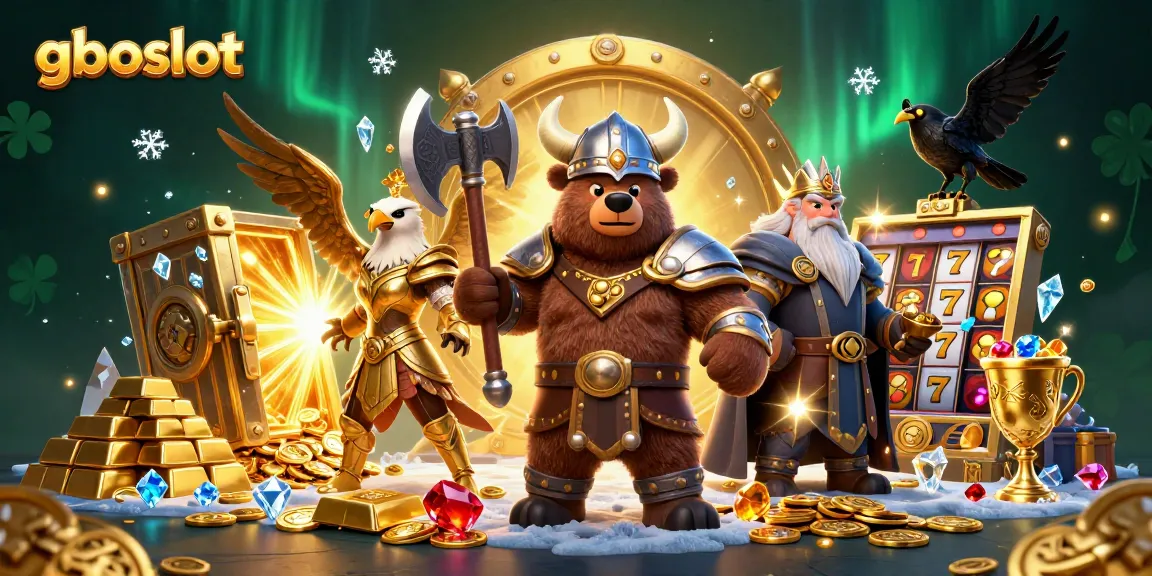 Gambarkan kegembiraan bermain gboslot dengan karakter Viking dan harta karun berkilauan.
