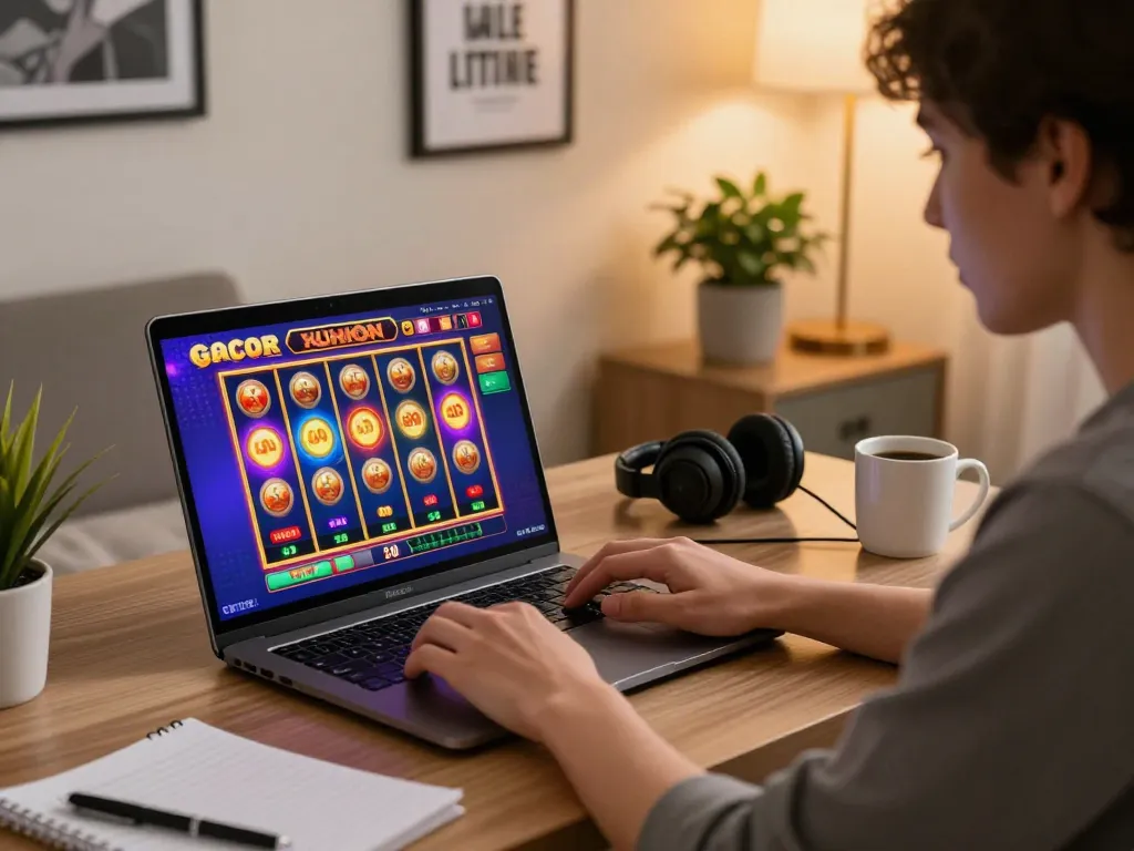 Player engaging with slot gacor games on laptop, showcasing modern online gambling setup and dynamic gameplay.