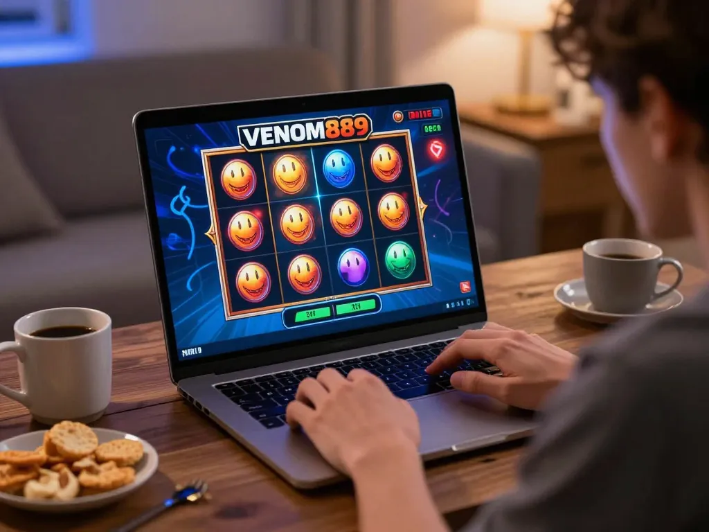 Engage in the thrilling VENOM889 Slot gameplay on a laptop in a cozy home setting.