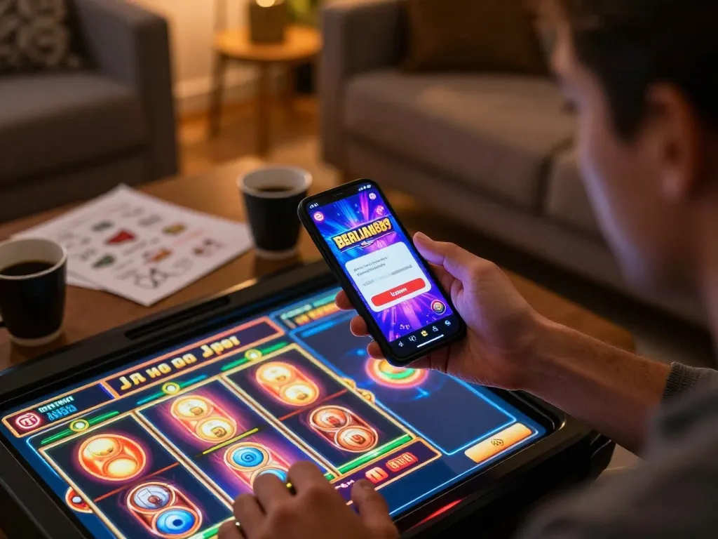 Engaging in mobile casino gaming with BERLIAN889 Login on a smartphone in a cozy environment