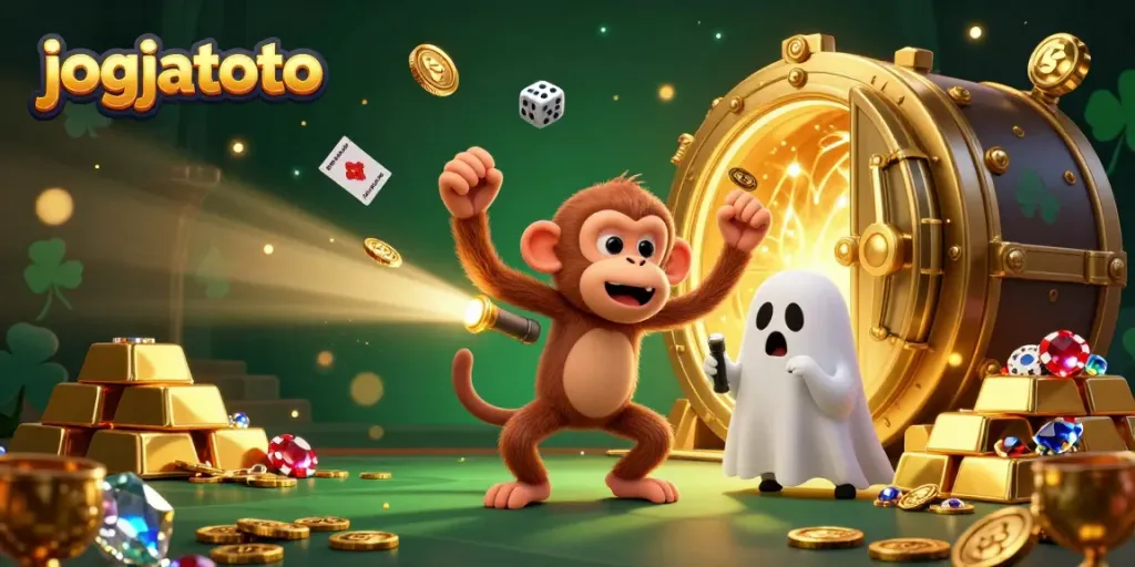 Engage in fun at jogjatoto with playful animations in a bustling casino atmosphere.