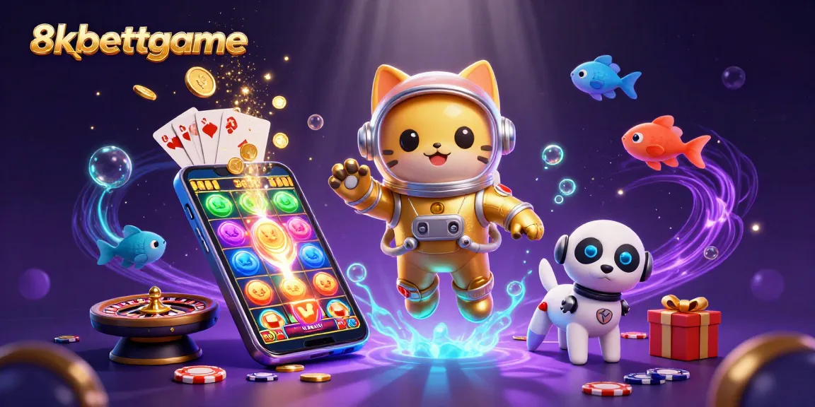 Experience the thrill of 8xbettgame with a dynamic scene featuring a cartoon astronaut cat, robot dog, and exciting casino elements.