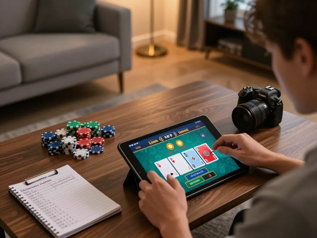 Engaged player strategizing in live dealer blackjack session using joylink free kredit on tablet, highlighting cozy home environment.
