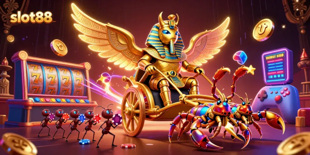 Experience thrilling slot88 action as a colossal scarab chariot is highlighted in vibrant casino colors.