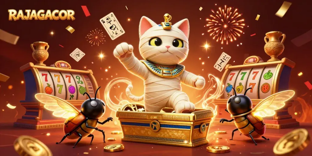 RAJAGACOR menghadirkan ilustrasi kasino dinamis dengan mumi kartun dan simbol slot mengelilinginya untuk pengalaman bermain yang menggembirakan.