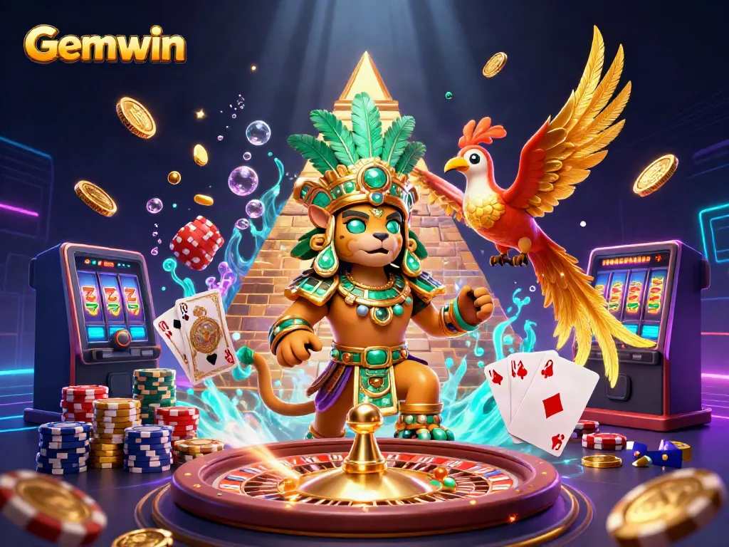 Experience Gemwin at its best with a vibrant 3D illustration of dynamic casino elements.