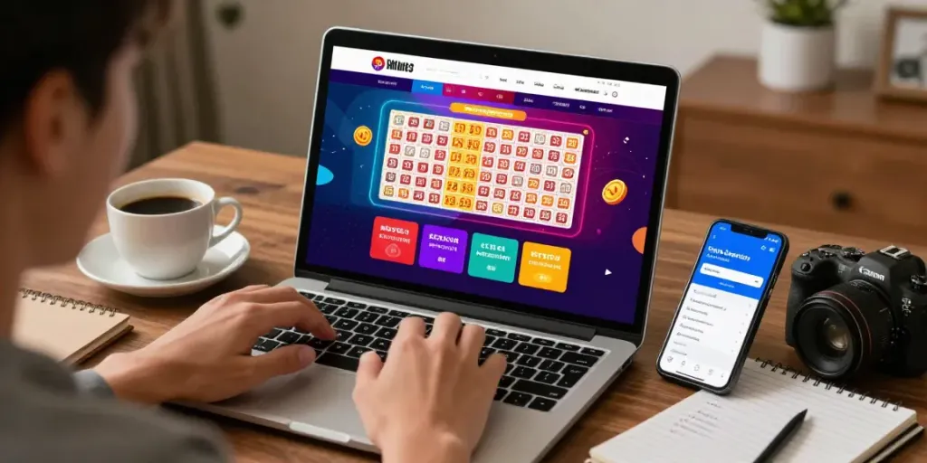 Pengguna antusias bermain ratutogel online dengan perangkat modern di rumah, suasana hangat dan nyaman.