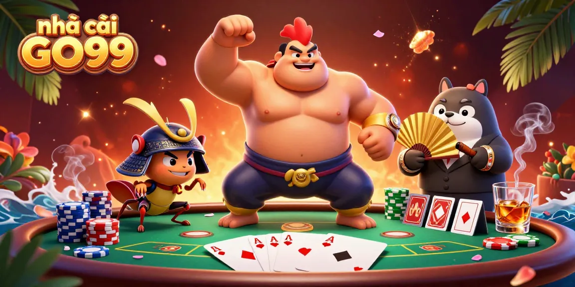 Engage with nhà cái GO99 through a vibrant gaming scene featuring animated characters and poker elements.