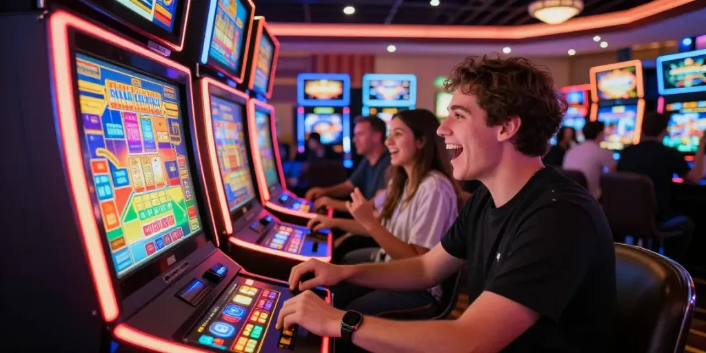 Ratutogel - Pemain ceria menikmati permainan slot di kasino yang ramai dengan cahaya berwarna-warni.