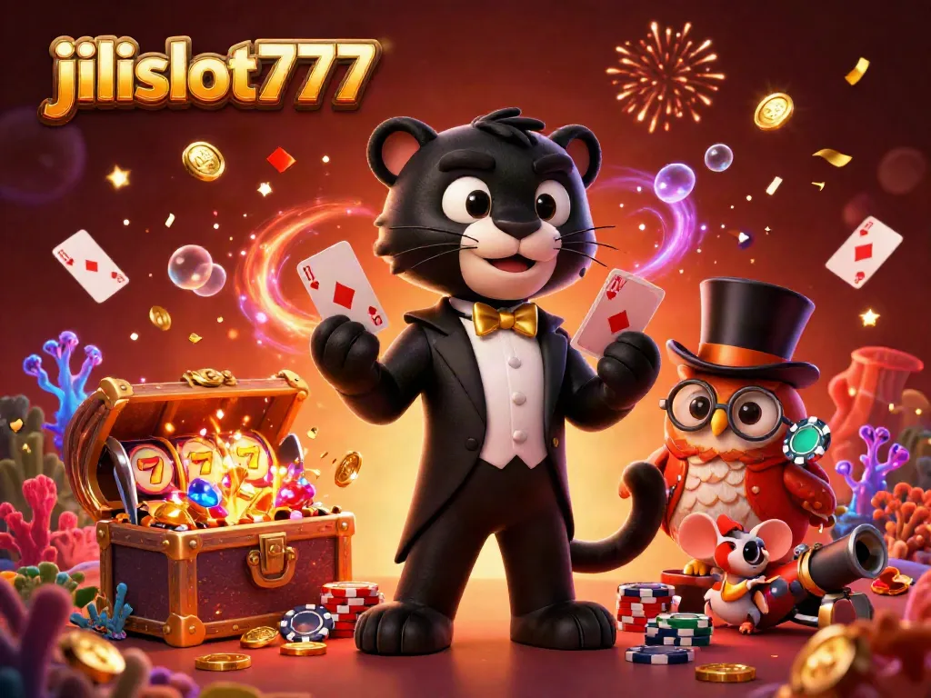 Engage with jilislot777 as a stylish panther deals cards, surrounded by vibrant casino elements.