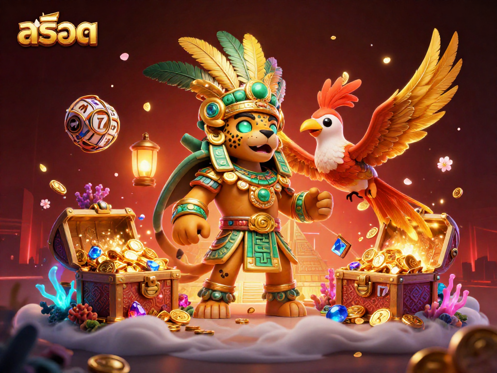 Engaging illustration showcasing สล็อต themes with a Mayan priest, treasures, and slot game elements in vibrant colors.