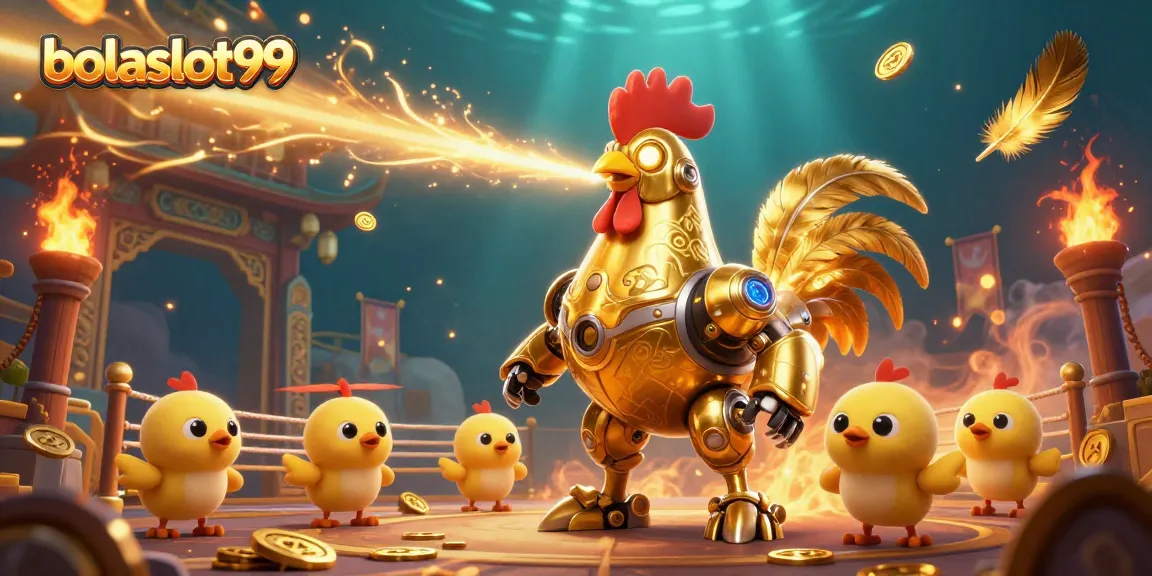 BolaSlot99 captivates players with a dynamic golden rooster robot unleashing laser beams in a vibrant casino scene.