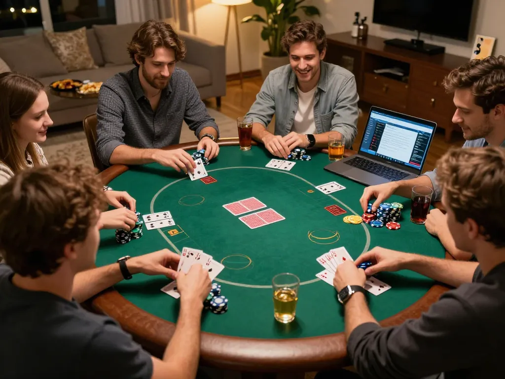 Friends enjoying an lc88 poker night at home, showcasing gameplay strategy and camaraderie.