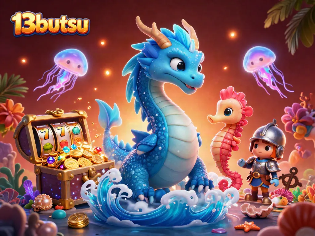 Engage with 13butsu's vibrant casino world featuring colorful slot reels, a majestic dragon, and underwater treasures.